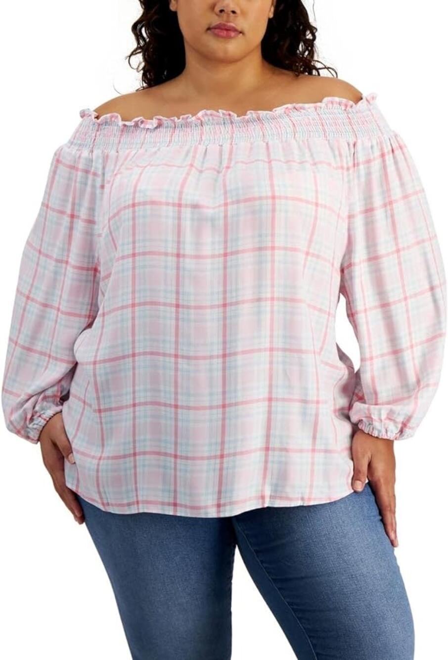 Tommy Hilfiger: Plus Womens Plaid Off-The-Shoulder Pullover Top “Size 1X” (B35)